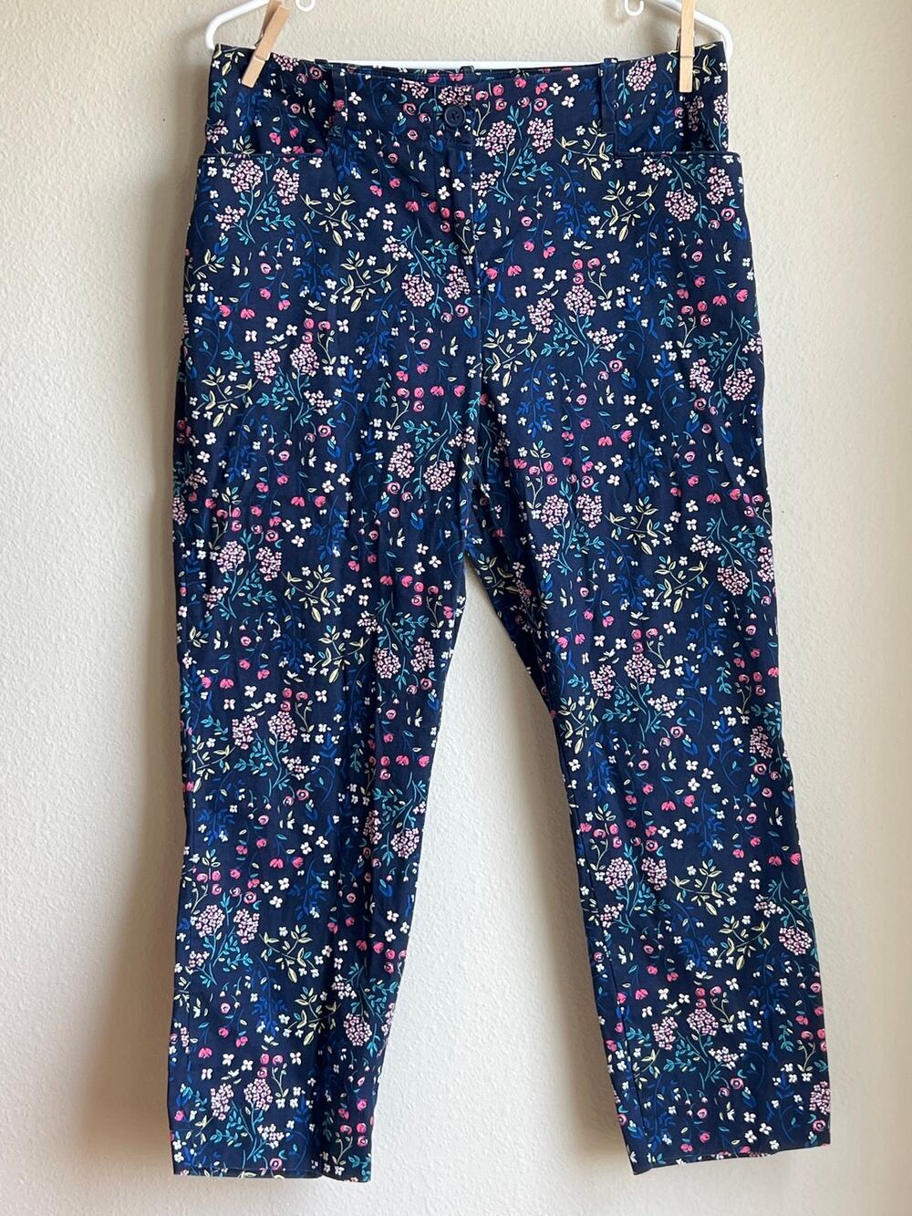 Talbots Floral Print Stretch Slim Ankle Pants Navy Blue Pink Women Size 10